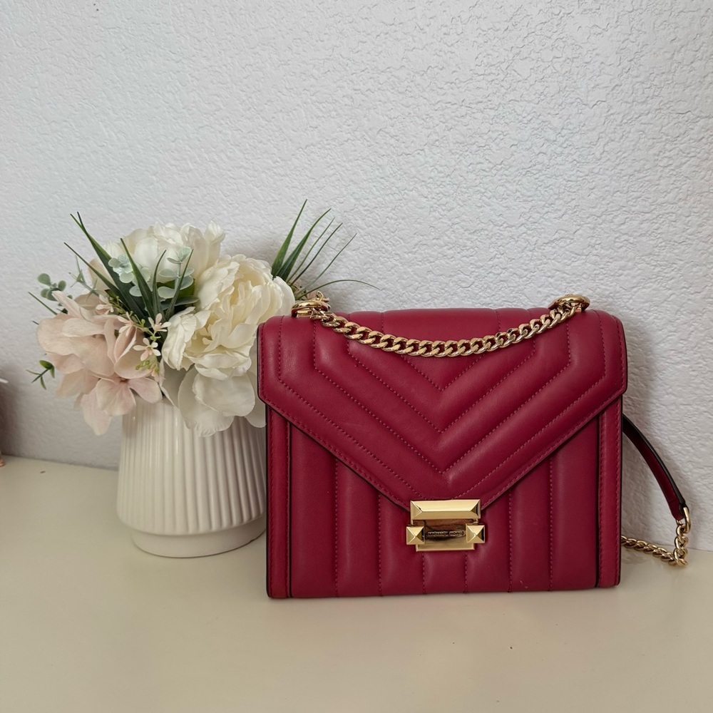 Michael Kors Red Quilted Leather Crossbody with Gold Chain
